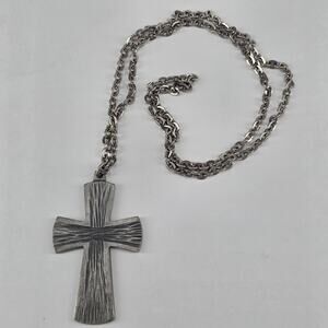 Vintage Jorgen-Jensen Denmark 195 Pewter Brutalist Cross Necklace Signed
